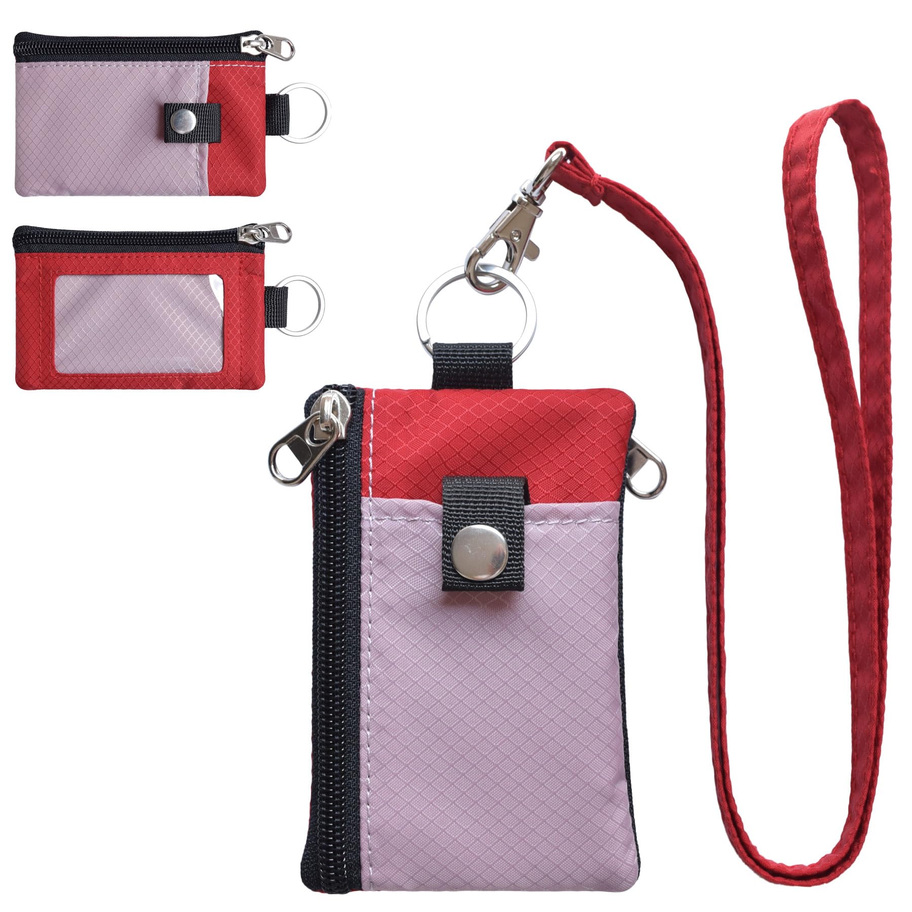 CHENSPRX Minimalist RFID Blocking Small Wallet with ID Window,WaterResistant Zip Id Case Wallet with Lanyard Keychain for Cards,Cash,Travel,Women,Men (Red)