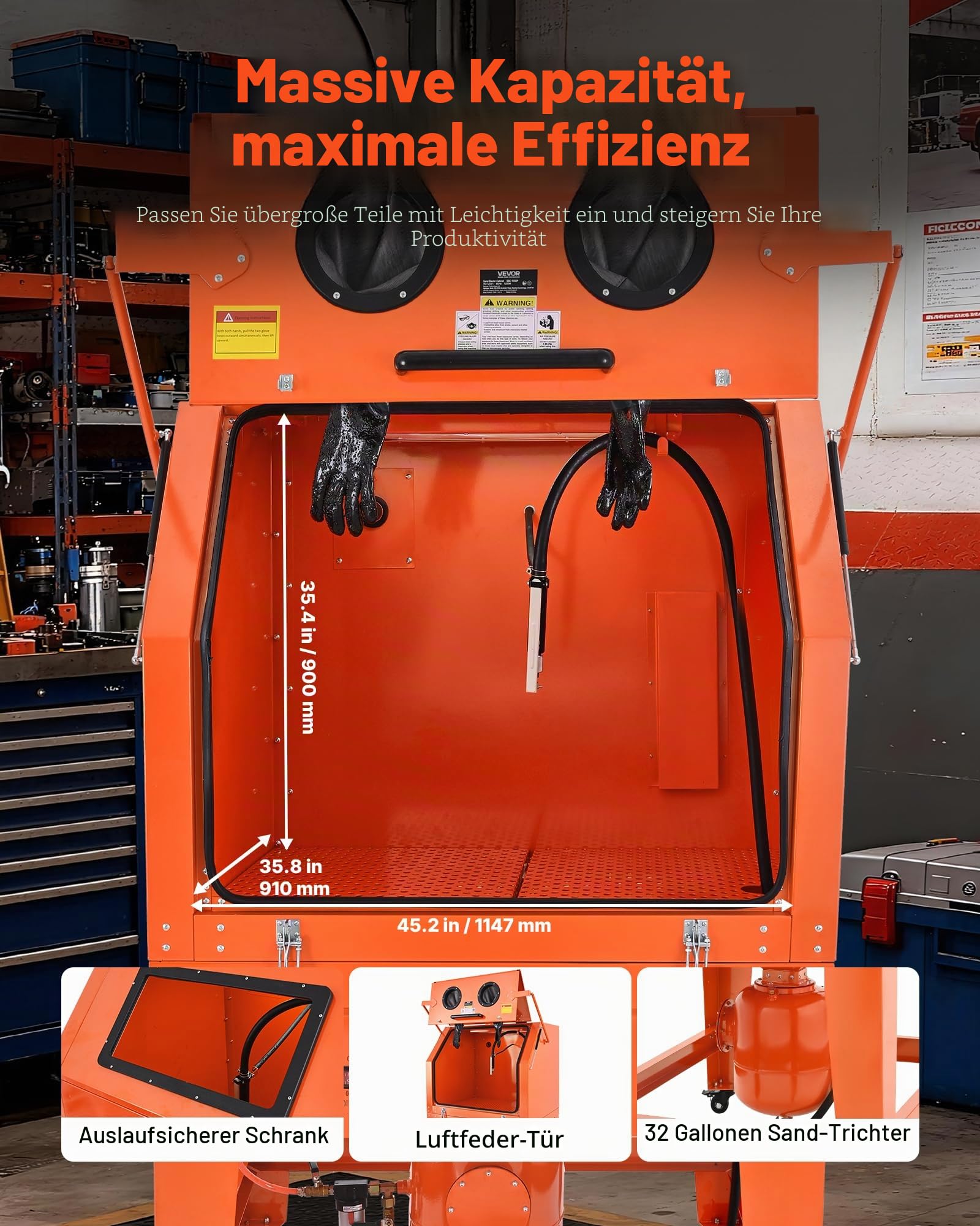 VEVOR Sandstrahlkabine 926 L, Sandstrahlgerät aus Stahl auf Rädern, mit 121 L Strahlmittelbehälter und 1,6-PS-Staubabsaugung, Sandstrahlanlage für die Oberflächenbearbeitung übergroßer Teile