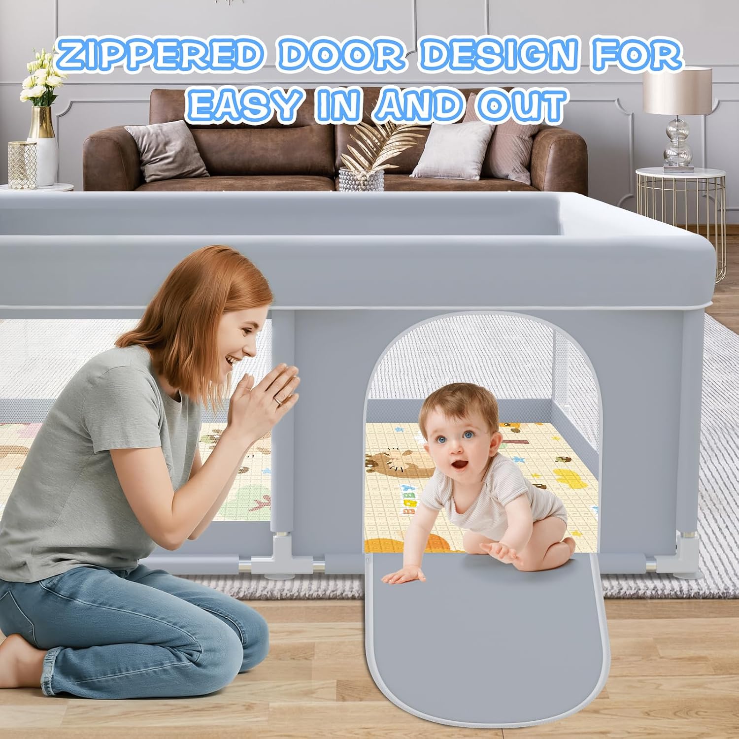 ベビーサークル 50×50×27インチ ベビープレイペン ベビープレイヤード 赤ちゃんと幼児用 ゲート付き 屋内&屋外 【ジッパ】