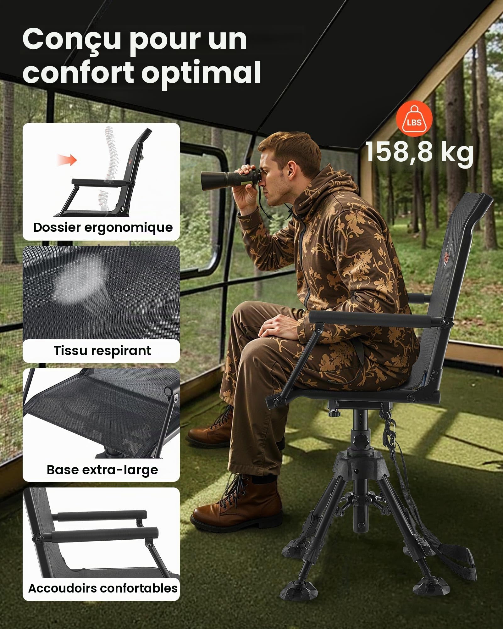VEVOR Chaise de Chasse Silencieuse Pivotante à 360°, Siège de Chasse Pliable et Portable, Cadre en Acier Robuste, avec Accoudoirs, Pieds Anti-enfoncement, Hauteur Réglable, pour Pêche Camping
