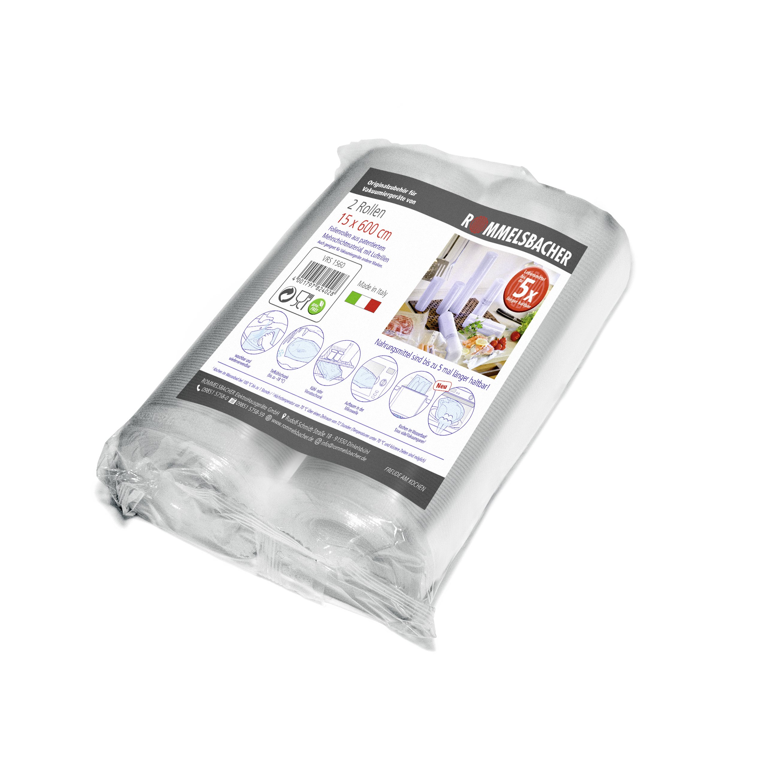 RommelsbacherVRS 1560 Professional Foil Rolls 15 x 600 cm, 2 Rolls, BPA-Free, Extremely Strong & Tear-Resistant 210 μm, Embossed Air Grooves, Reusable, Sous Vide, Made in Europe, for All Beam Vacuum