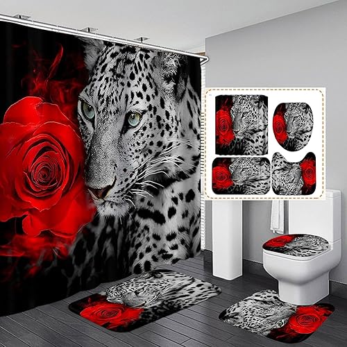 Juego de 4 cortinas de ducha con diseño de leopardo y rosa roja, elegante guepardo blanco y negro, para el día de San Valentín, romántico, floral,