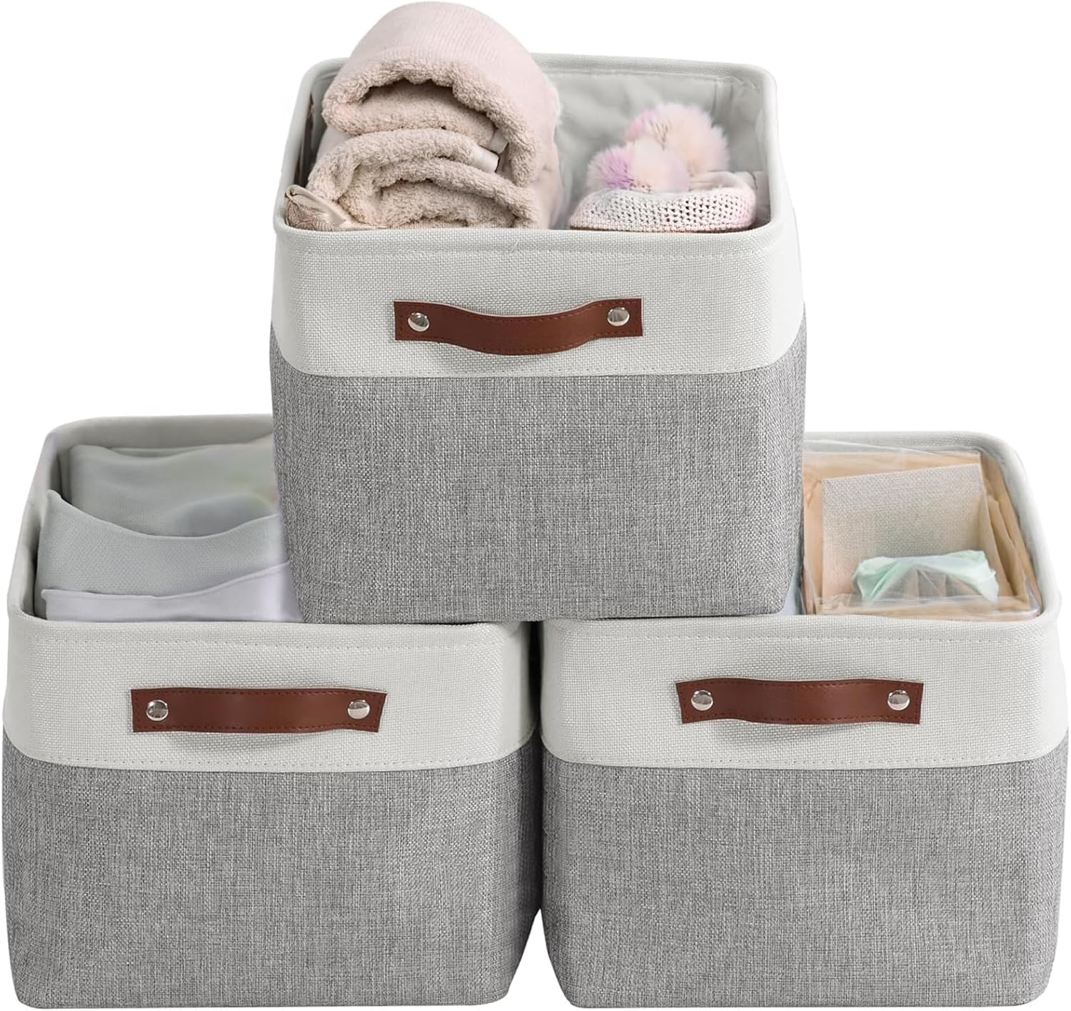 Storage Bins, Foldable Fabric Storage Cubes And Cloth Storage Organizer Drawer,15x11x9.5 inch Large 3 Pack Cube Storage Bin,for Shelves for Closet, Utility Room, Storage Room Set,Grey and White