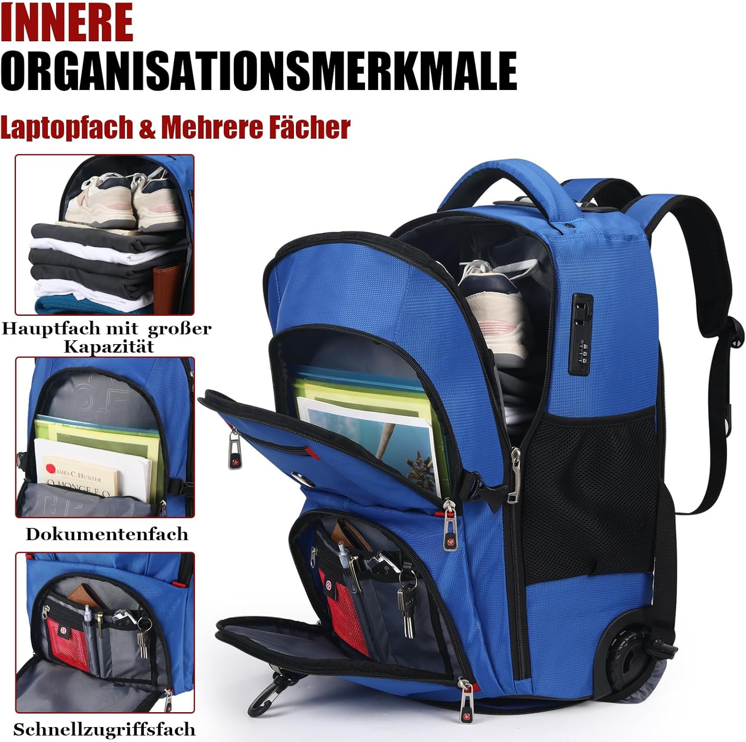 star cloud 21x14x9 Rolling Backpack with Wheels - Water-Resistant, 17.3" Laptop Compartment, Ideal Carry-On for Overnight Travel, College, Work - Wheeled Business Backpack for Adults (Blue) - Image 5