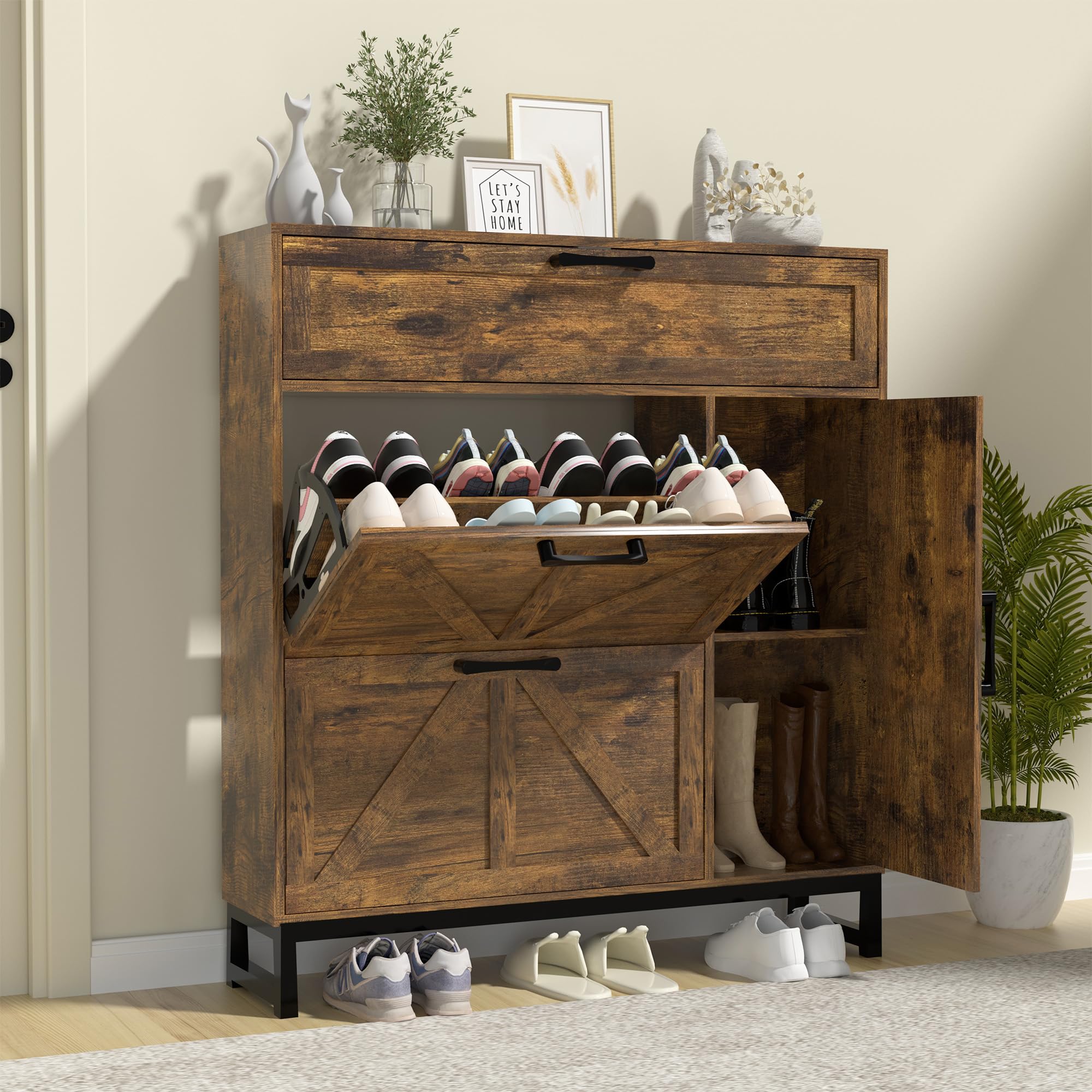 Betterhood Shoe Cabinet for Entryway with 2 Flip Drawers, Slim Freestanding Shoe Rack Organizer, Entryway Shoe Cabinet with Open Storage for Foyer and Hallway (Brown)