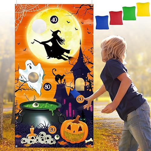 Juegos de Halloween, juegos de Halloween para niños y adultos, bolsas de frijoles de Halloween, pancarta de juegos de lanzamiento con 4 bolsas de