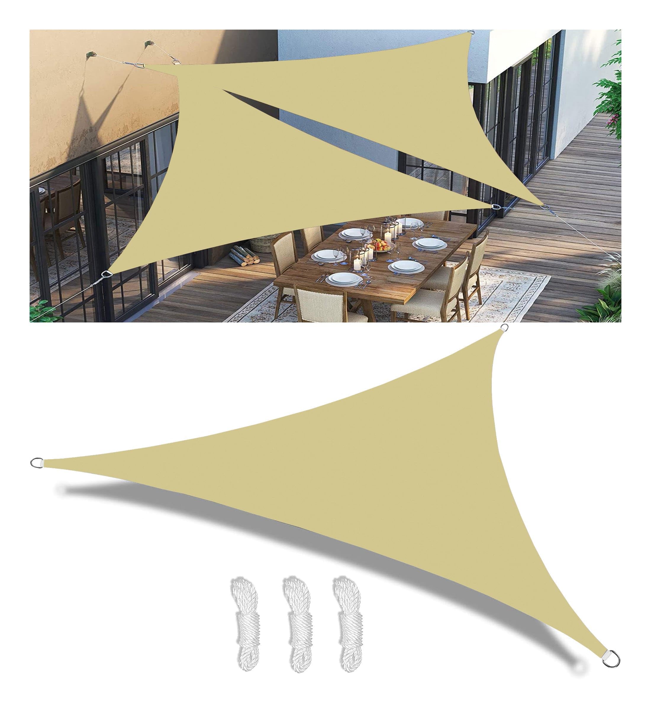 Tenda a Vela Ombreggiante Impermeabile Triangolare Protezione Raggi UV 98% Tenda da Sole Poliestere Antistrappo Con 3 Corde Fisse per Giardino Balcone Piscinae Terrazza Sabbia 3x4x5M