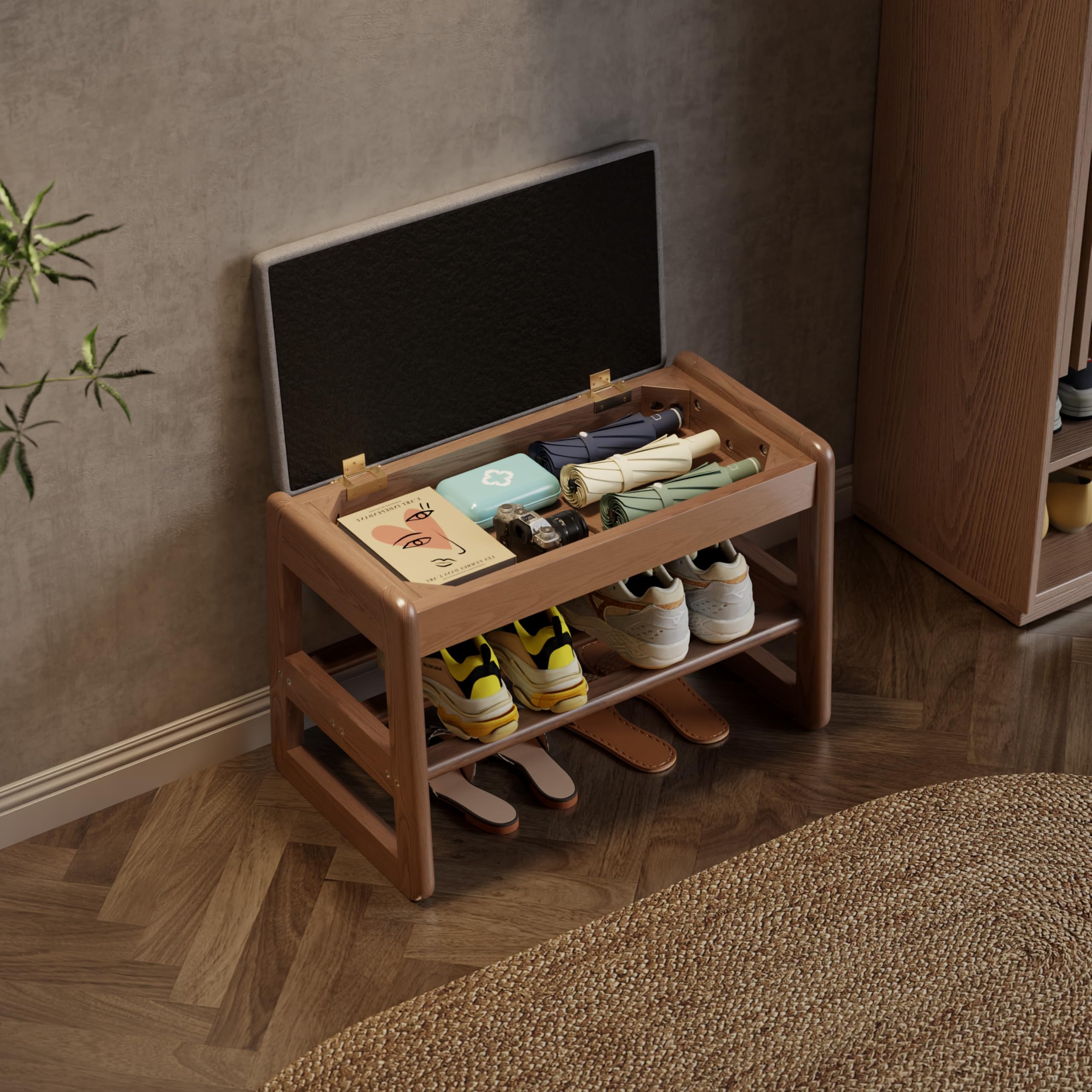 KASLANDI Schuhbank Holz Schuhregal mit Sitzkissen Klapp-Aufbewahrung 2-Ebenen 30 x 60 x 40 cm Walnuss