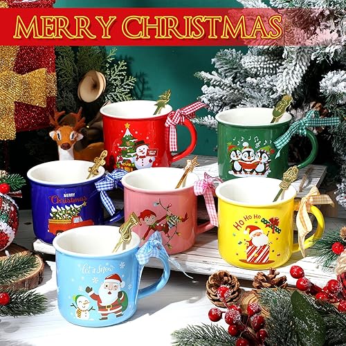 Miniatura 4 de Juego de 6 tazas y cucharas de café de Navidad de 11 onzas, tazas de cerámica de Navidad con cinta, diseño de cacao caliente de Papá Noel, tazas de