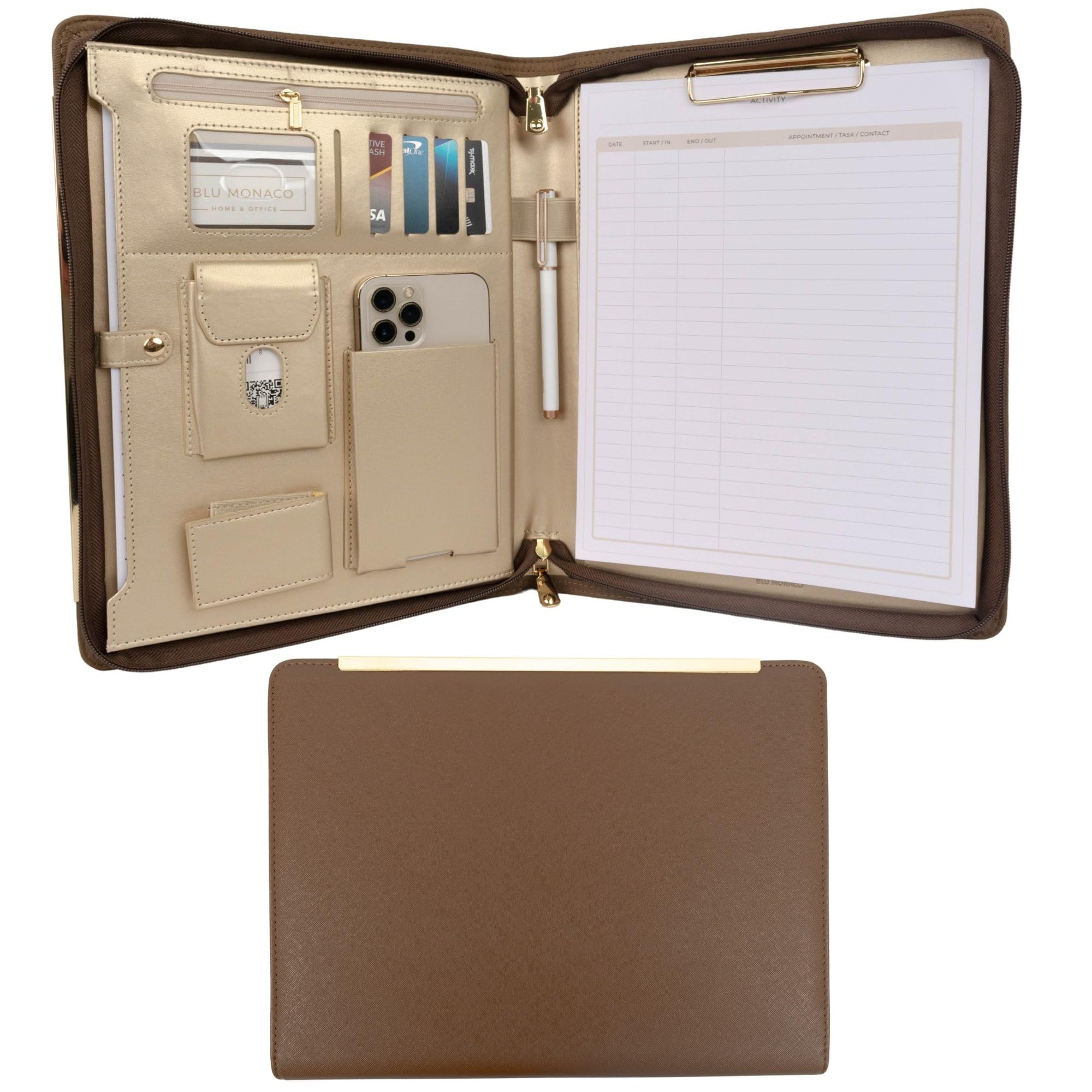BLU Monaco Brown Vegan Leather Portfolio Binder for Women - Professional Padfolio Work Organizer with Gold Trim, Zippered Business Case for Documents