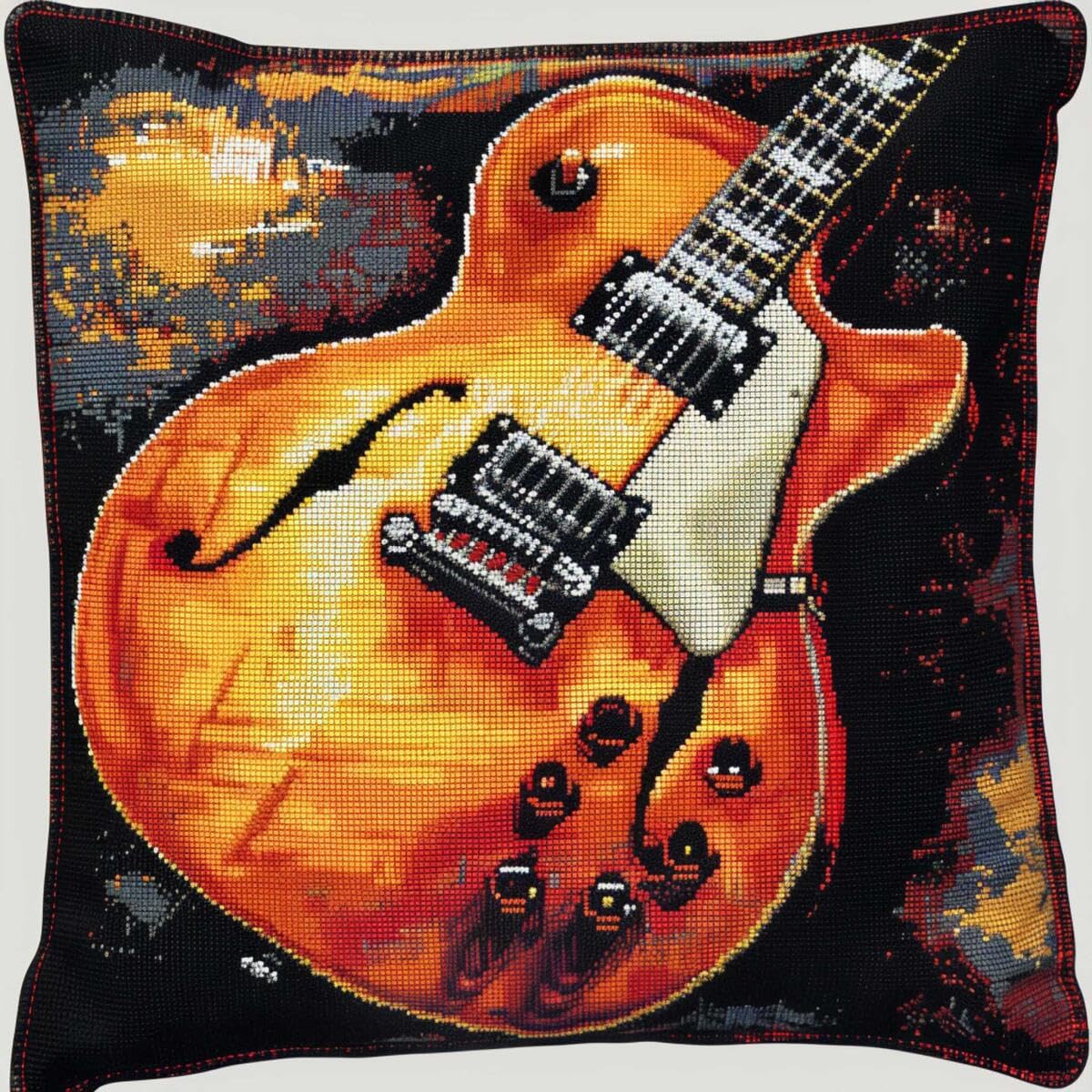 Henypt Cross Stitch Cushion Kit Guitar Instrument Needlepoint Craft Set Pre Printed Handmade Cushions Cover Stitched Cushion Kit Decorative for Adults Beginners 45x45cm