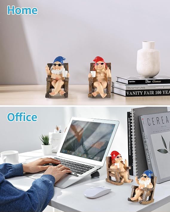 Funny Naked Gnomes in Rocking Chair - 2 Pack Resin Middle Finger Decor Collectible Naughty Figurines - Unique Gag Gifts for Christmas, Garden, Home and Office (Sitting)