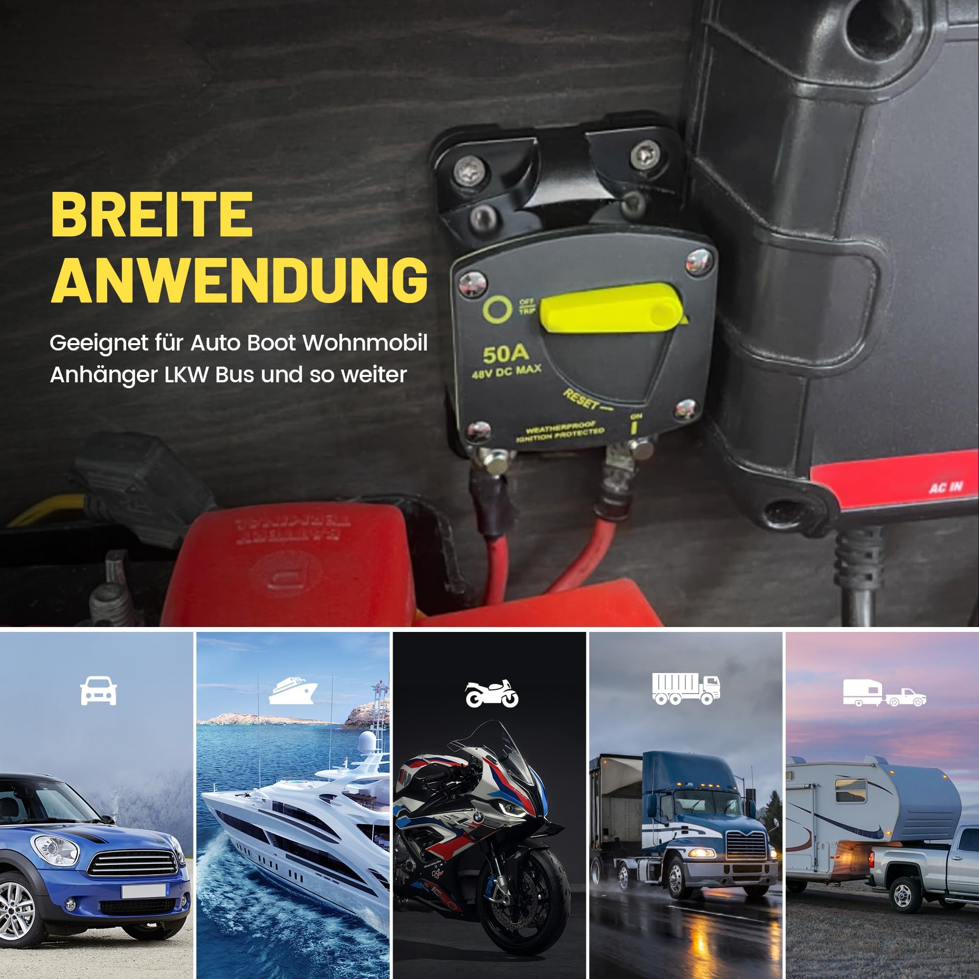 RED WOLF 100A Schutzschalter DC 12V 48V, kfz Sicherungsautomat 100 Ampere Automatische Sicherung für Auto LKW Boot Stereo Autobatterie Sicherungshalter mit Manueller Reset