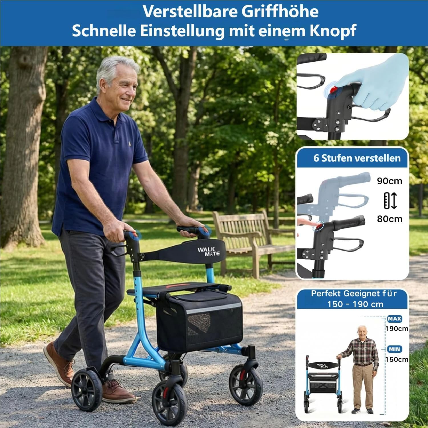 WALK MATE Rollator Faltbar und Leicht mit Sitz für schmale Wohnungen | ergonomische Höhenverstellung 150–190 cm,Rollatoren für Senioren Klappbar mit 20cm Reifen, nur 6.7kg leicht