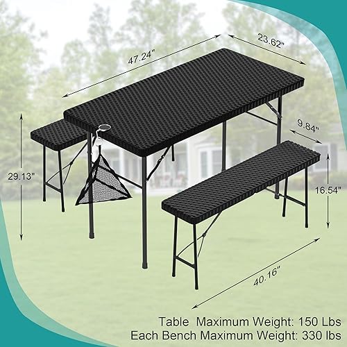 Miniatura 7 de VECELO Mesa de picnic plegable de 3 piezas con bancos, juego de patio de ratán sintético de 47.2 pulgadas con bolsa de malla, resistente al calor y