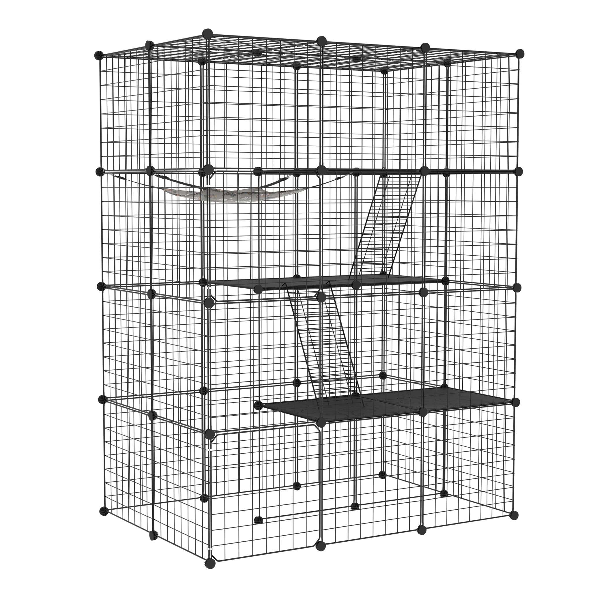 FIVMEN Großer Katzenkäfig 4-Stöckige aus Metall mit 2 Leitern und 1 Hängematte DIY Katzenlaufstall Katzengehege Outdoor Abnehmbarer Freigehege Katzen Katzenauslauf Kleintierelaufstall, 110x74x146 cm
