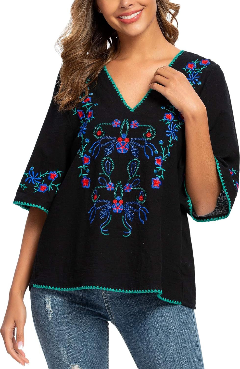 YZXDORWJ Women's Summer Peasant Blouses Boho Embroidery Mexican Bohemian Tops Shirt Tunic Blouses - Image 4