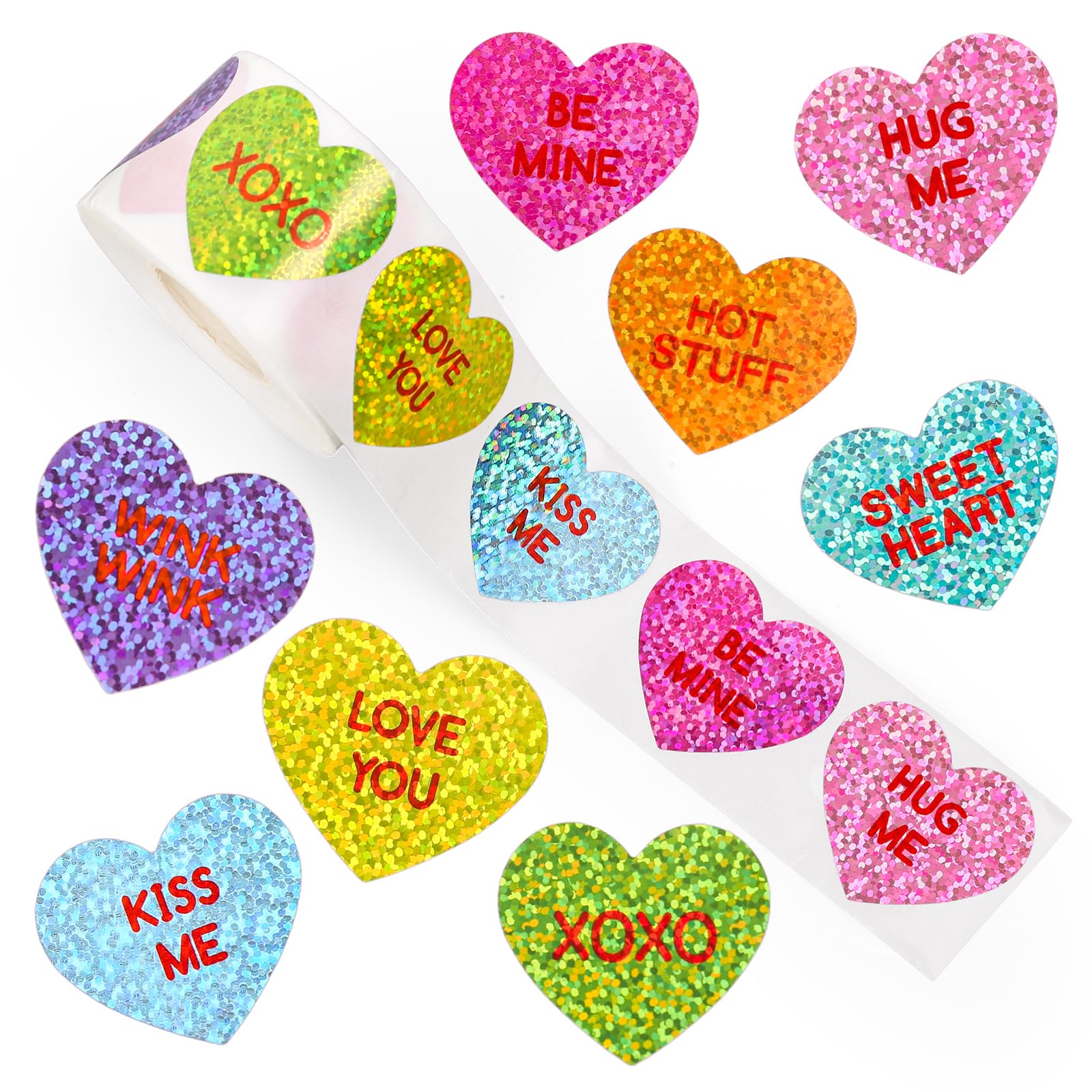 Whaline Laser Conversation Heart Seal Stickers Valentine Colorful Candy Heart Waterproof Self-Adhesive Decals Roll for Envelope Journal Decor Party
