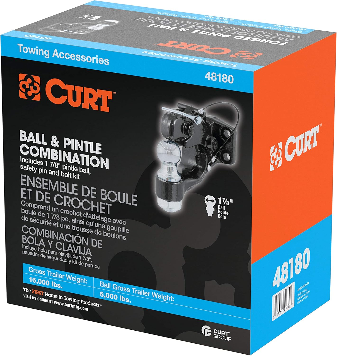 CURT 48180 Pintle Hitch with 1-7/8-Inch Trailer Ball, 16,000 lbs, Mount Required