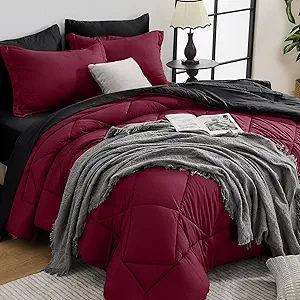 HEVUMYI Red & Black Twin-XL Comforter Set - 5-Piece All Season Bed in a Bag Twin-XL, Ultra Soft Bedding Set with Burgundy Comforter, Flat Sheet, Fitted Sheet, Pillowcases, Pillow Shams