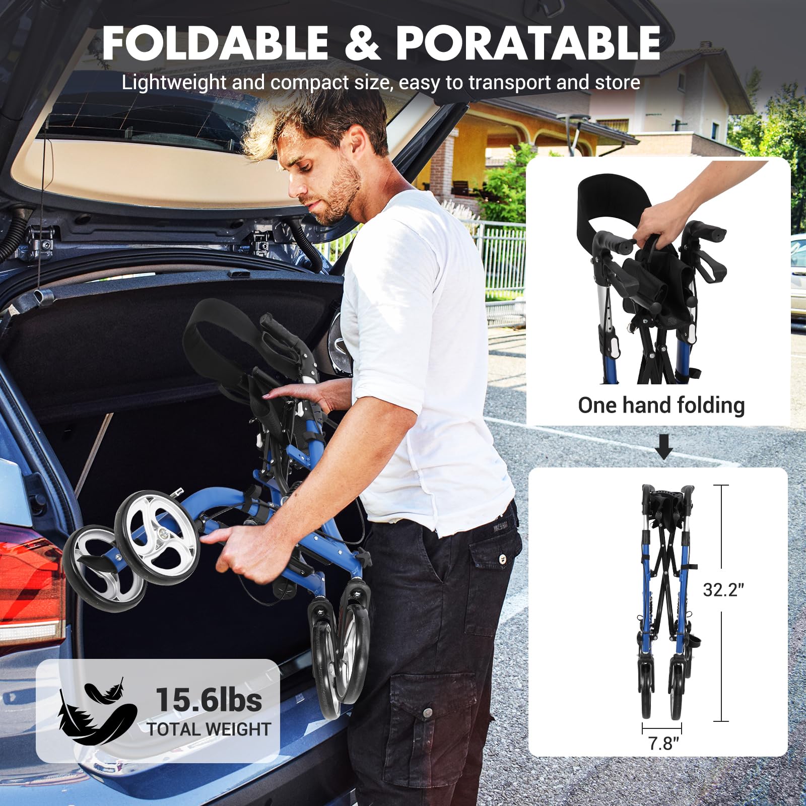 Rollator 2 in 1 Per Anziani – Alluminio Pieghevole Con Braccioli e Poggiapiedi, Seduta Schienale e Freni, Capacità 136kg All Terrain