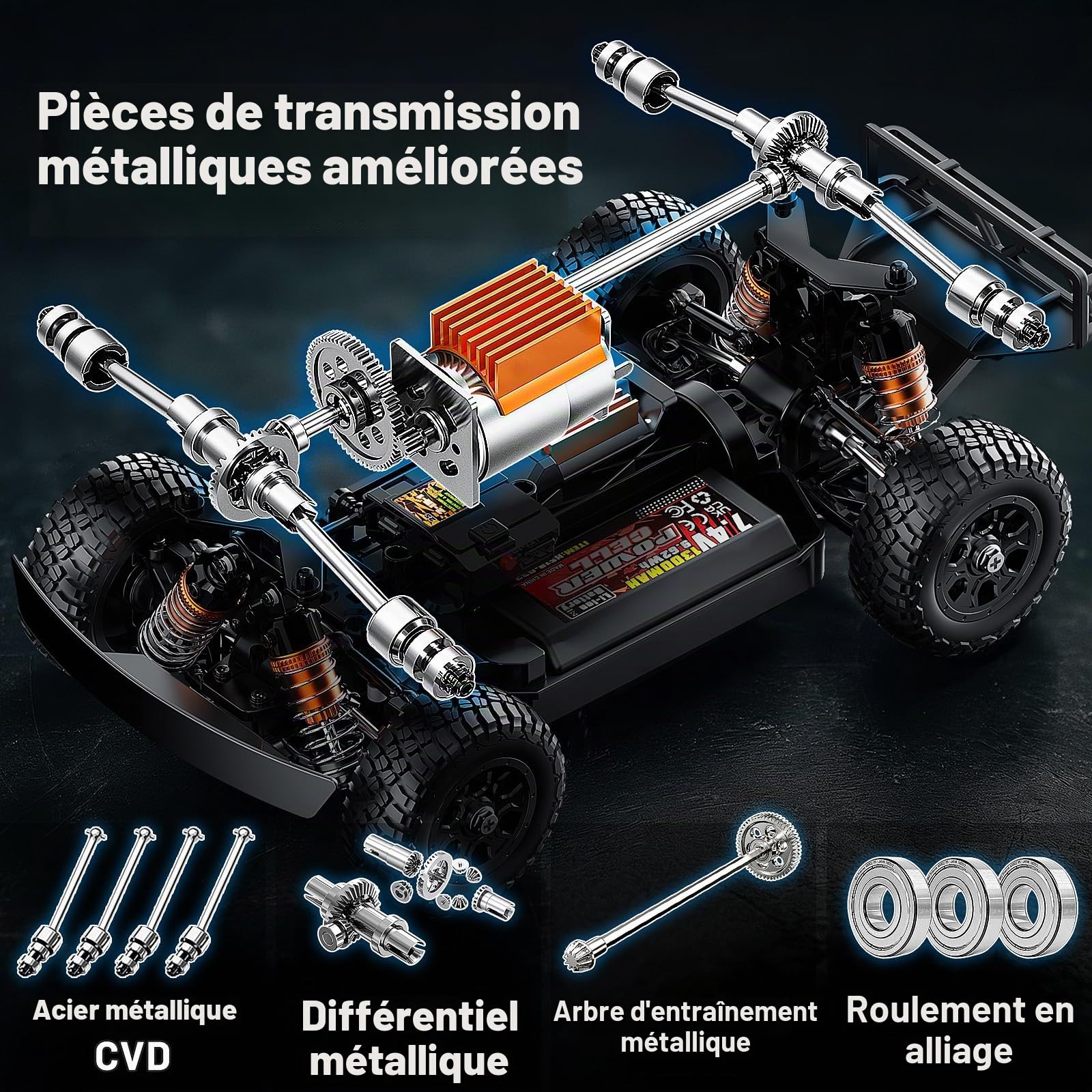 Voiture télécommandée 1:16, 2,4GHz Rapide 36 km/h, Véhicule Électrique Tout Terrain 4WD Résistant à l’Eau avec Doubles Batteries, Pneus Drift & Tout-Terrain, Transmission Métal et Éclairage LED