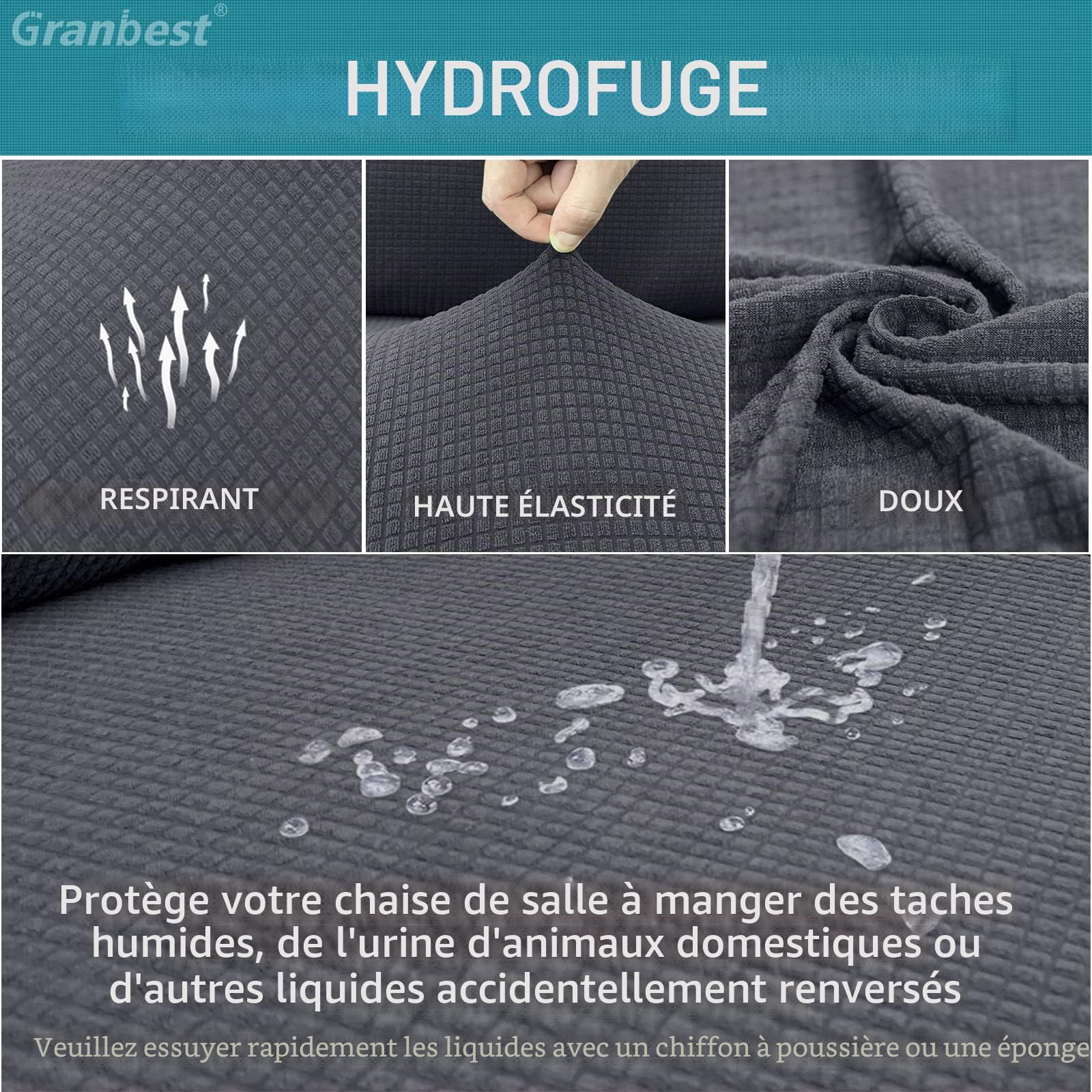 Granbest Lot de 4 Housses de Chaise de Salle à Manger Imperméables, Protection Amovible, Gris