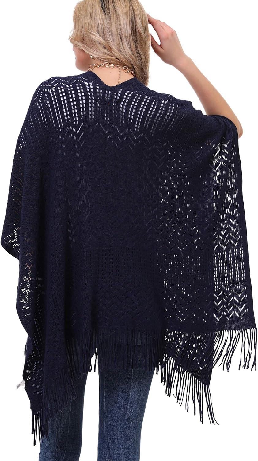 Knit Shawl Wrap for Women - Soul Young Ladies Fringe Knitted Poncho Cardigan Cape - Image 4
