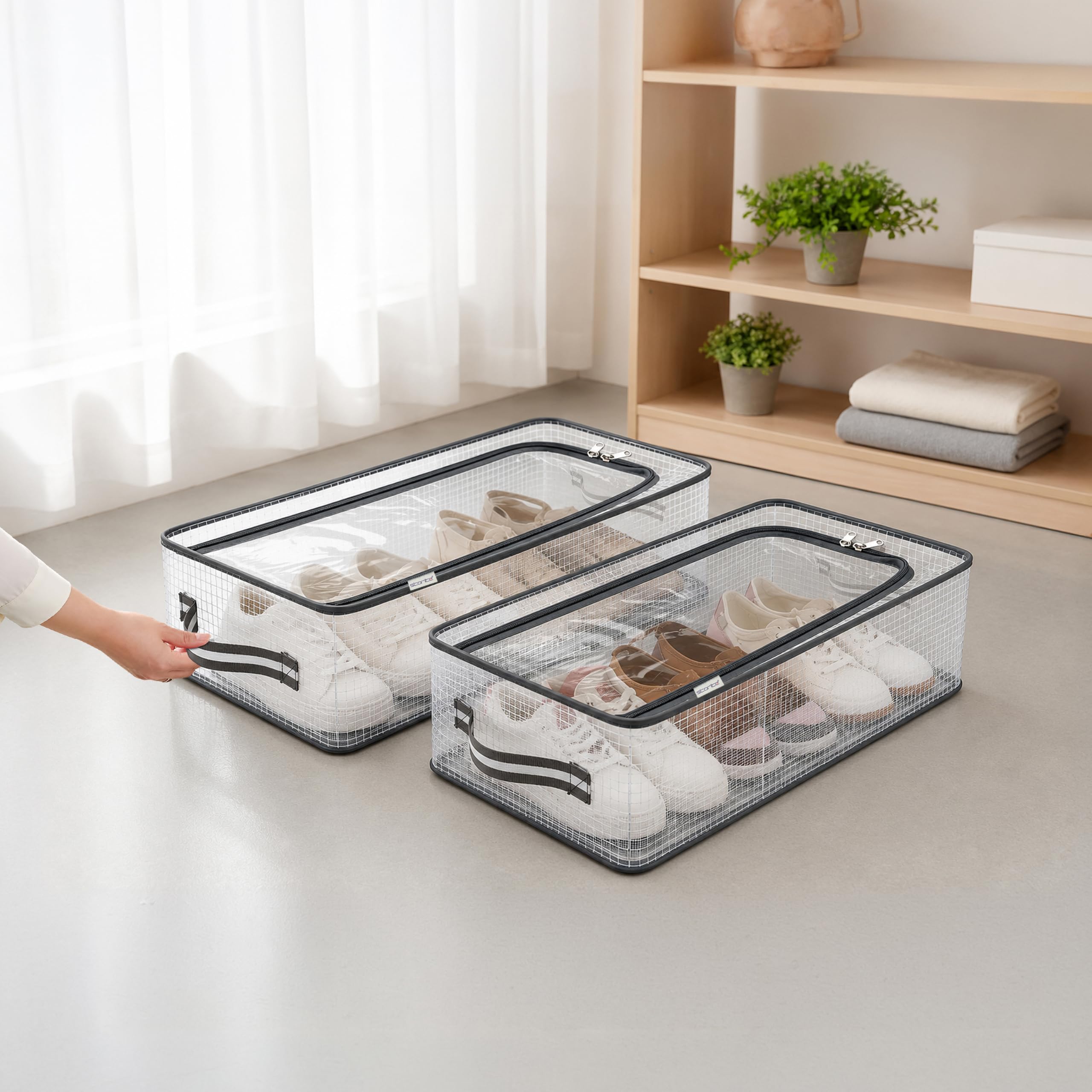 Storite 2 Pcs Foldable Transparent Shoe Storage Organizer | Plastic Shoe Storage Box/Stackable Footwear Organiser/Shoe Rack with Handle & Zipper (60x30x14 Cm)