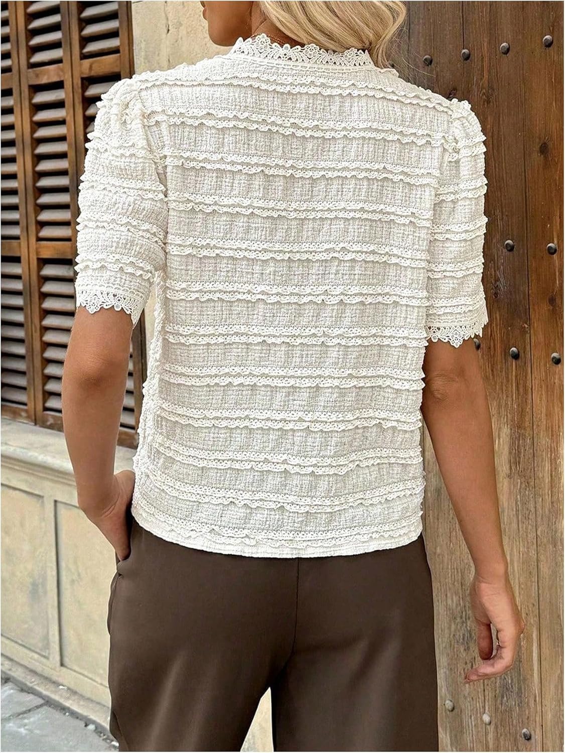 OYOANGLE Women's Short Sleeve Button Lace Blouse V Neck Summer Work Dressy Tops - Image 3