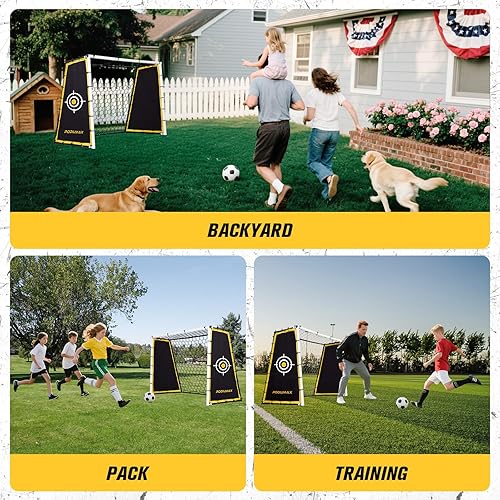 Miniatura 7 de PodiuMax Portería de fútbol 4 en 1 y rebote, red de rebote de 7 x 5 pies con marco mejorado, red de paso de tierra de acero para campo de parque