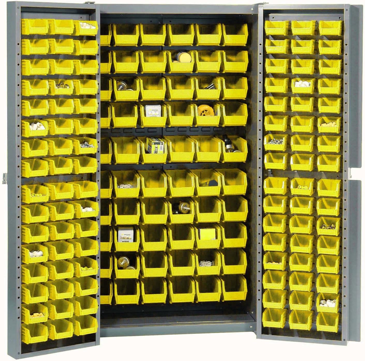 Global Industrial Deep Door Bin Cabinet, Includes 156 Yellow Plastic Bins, Padlockable Steel Cabinet, 38" W x 24" D x 72" H, for Tool and Parts Storage, Ships Assembled