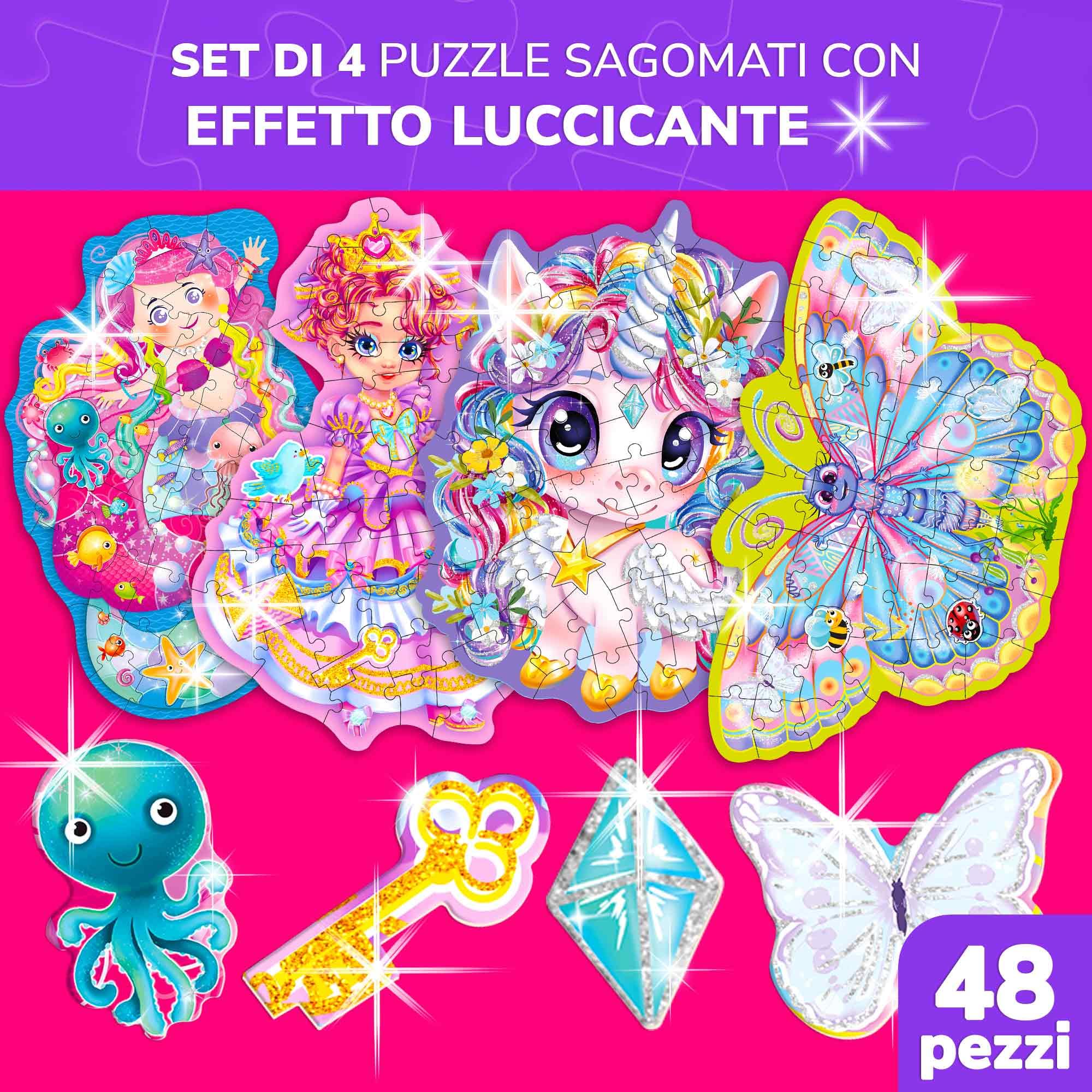 QUOKKA Shimmer Puzzle per Bambini Dai 4 ai 6 Anni - Puzzle a Forma di 48 pezzi - Confezione da 4: Principessa, Sirena, Farfalla e Unicorno - Giocattolo Bambini