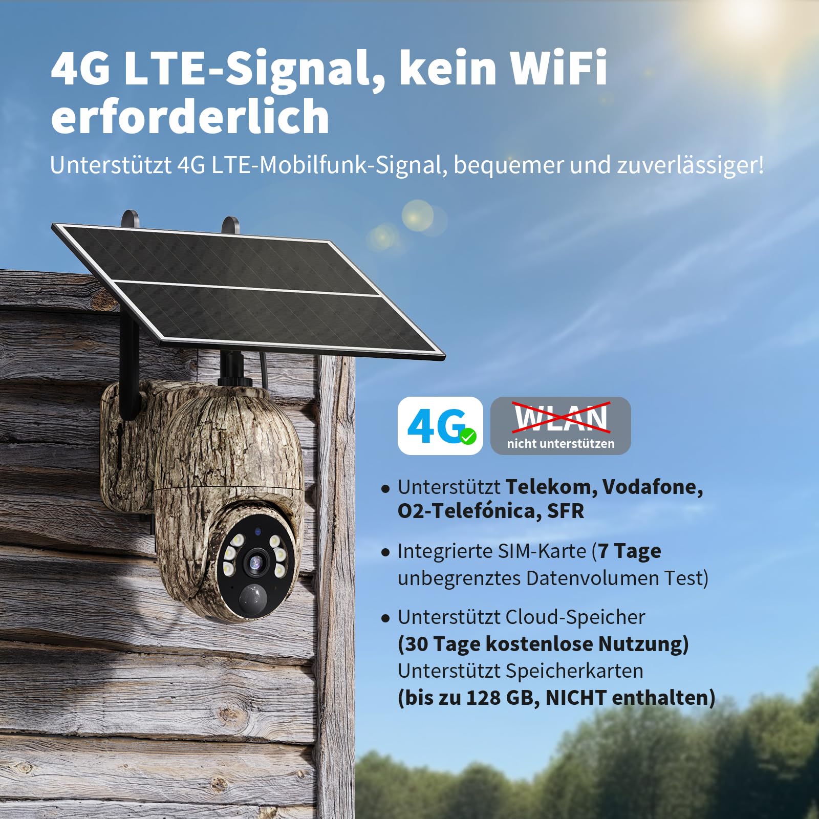 4G LTE Wildkamera mit SIM Karte, 2K Kabellos Solar Wildtierkamera mit Handyübertragung App, Überwachungskamera Aussen Akku mit Farbnachtsicht, PIR-Erkennung, 2-Weg-Audio, IP66 Wasserdicht
