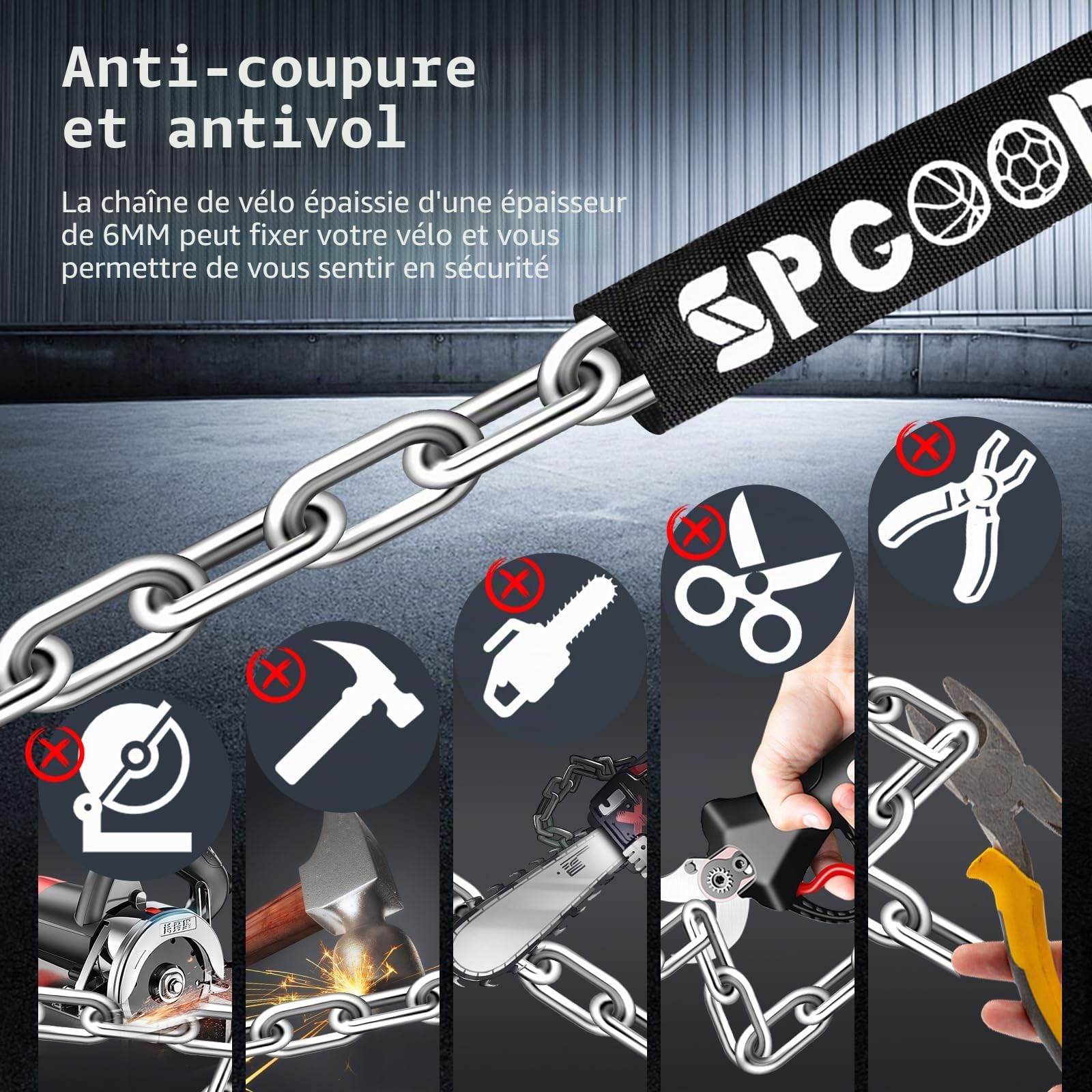 SPGOOD Antivol de vélo avec 3 clés, 90 cm en chaîne en acier de 6 mm, cadenas de vélo avec housse étanche, antivol haute sécurité pour vélo, vélo électrique, VTT, moto(Noir)