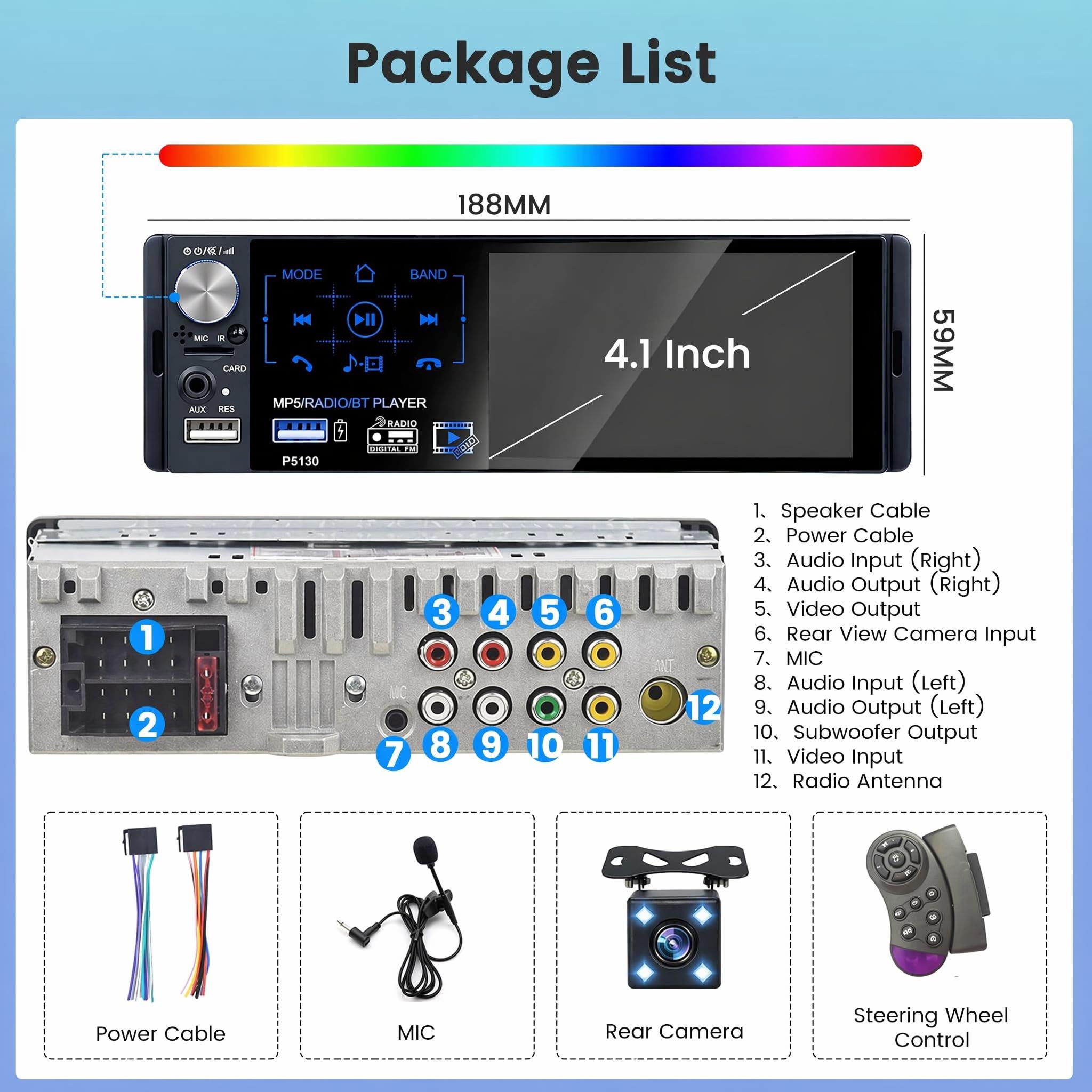Hikity 4.1" 1 DIN Autoradio con Bluetooth FM RDS | Touchscreen Retrocamera Comandi al Volante Vivavoce USB AUX Scheda TF