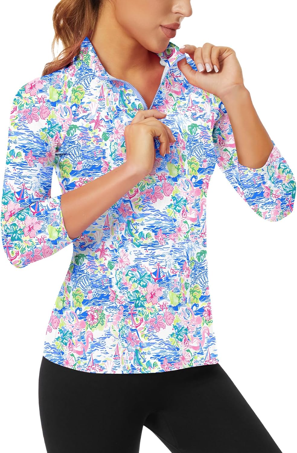 WOWENY Women's 3/4 Sleeve Athletic Golf Shirts Quarter Zip Pullover Collared T-Shirt Workout Print Tennis Top