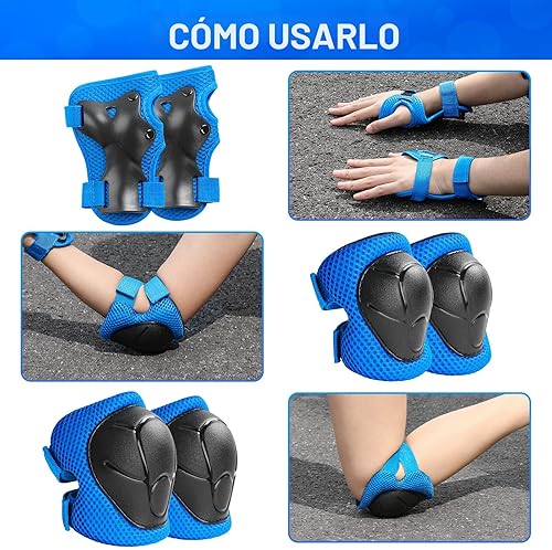 Miniatura 4 de Juego de protección para niños, rodilleras para niños de 3 a 14 años, rodilleras y coderas con protectores de muñeca 3 en 1 para patinaje, ciclismo
