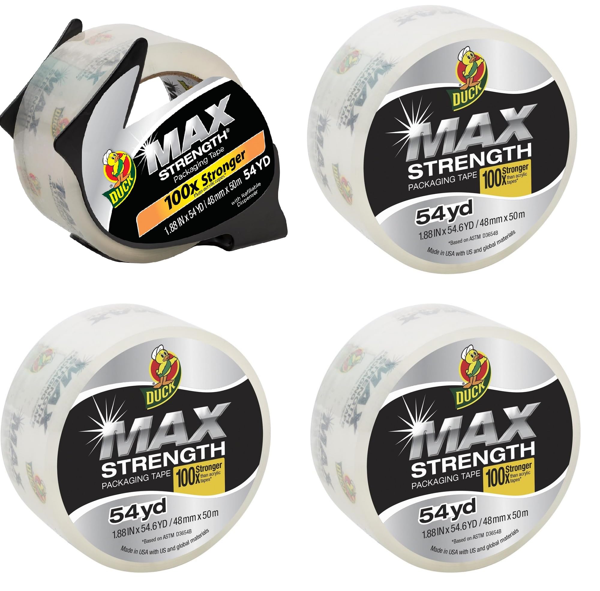 Duck Max Strength - Nastro adesivo per imballaggi ad alta resistenza, ricarica per spedizioni e traslochi, 4,8 cm x 54,6 m, 4 rotoli, dispenser