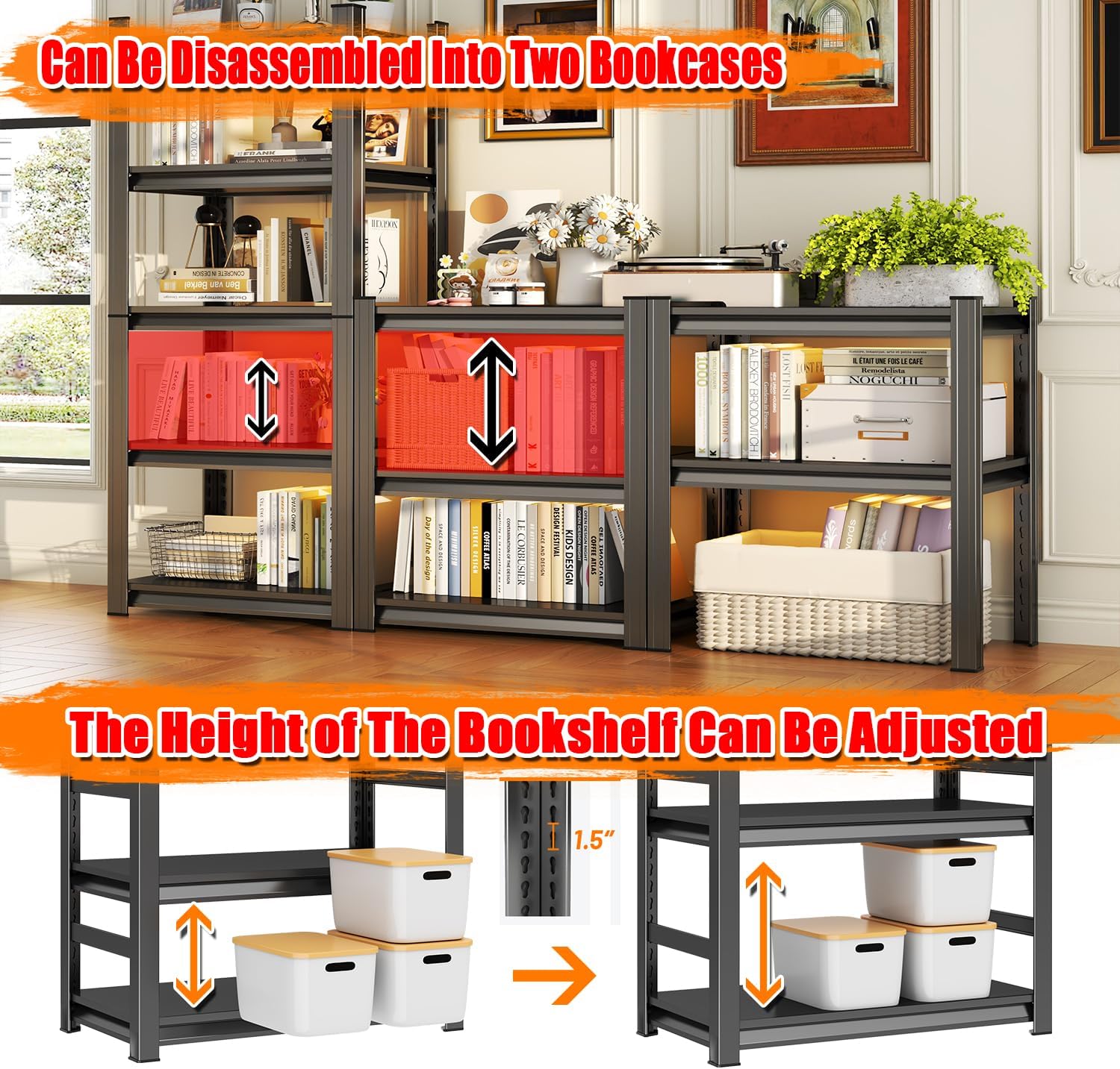 5 Tier Metal Bookshelf, 71"H Adjustable Tall Bookcase, 1500LBS Heavy Duty Deep Book Shelf, Industrial Black Wide Bookshelf, Modern Bolt-Free 5 Shelf Book Shelves for Bedroom, Living Room, Library