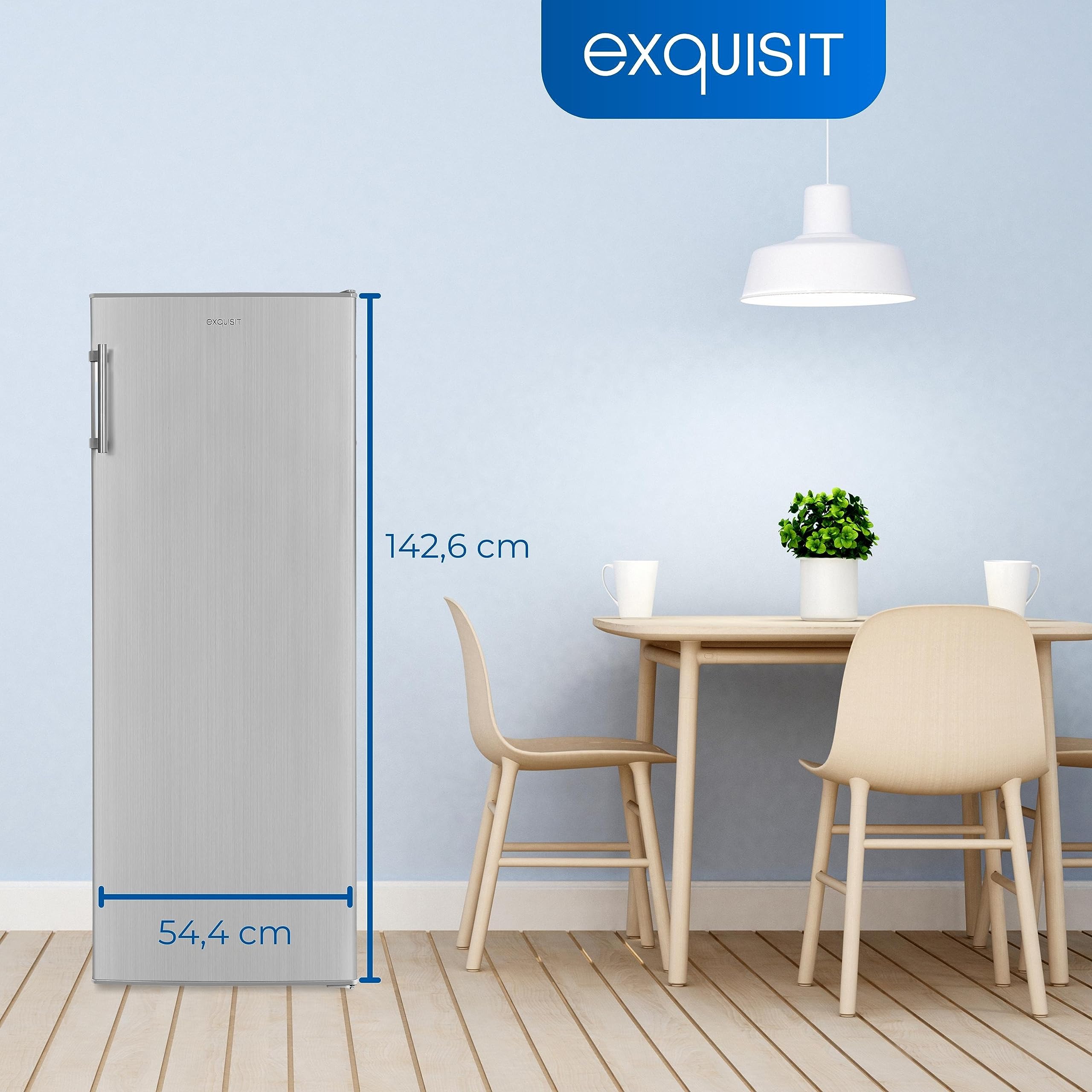 Exquisit GS230-H-040E Gefrierschrank Inoxlook - 168 L Tiefkühlschrank E | Großer 4 Sterne Standgefrierschrank mit 55 cm Breite, Edelstahloptik, 5 Gefrierschubladen, Rollen und 190 kWh/Jahr