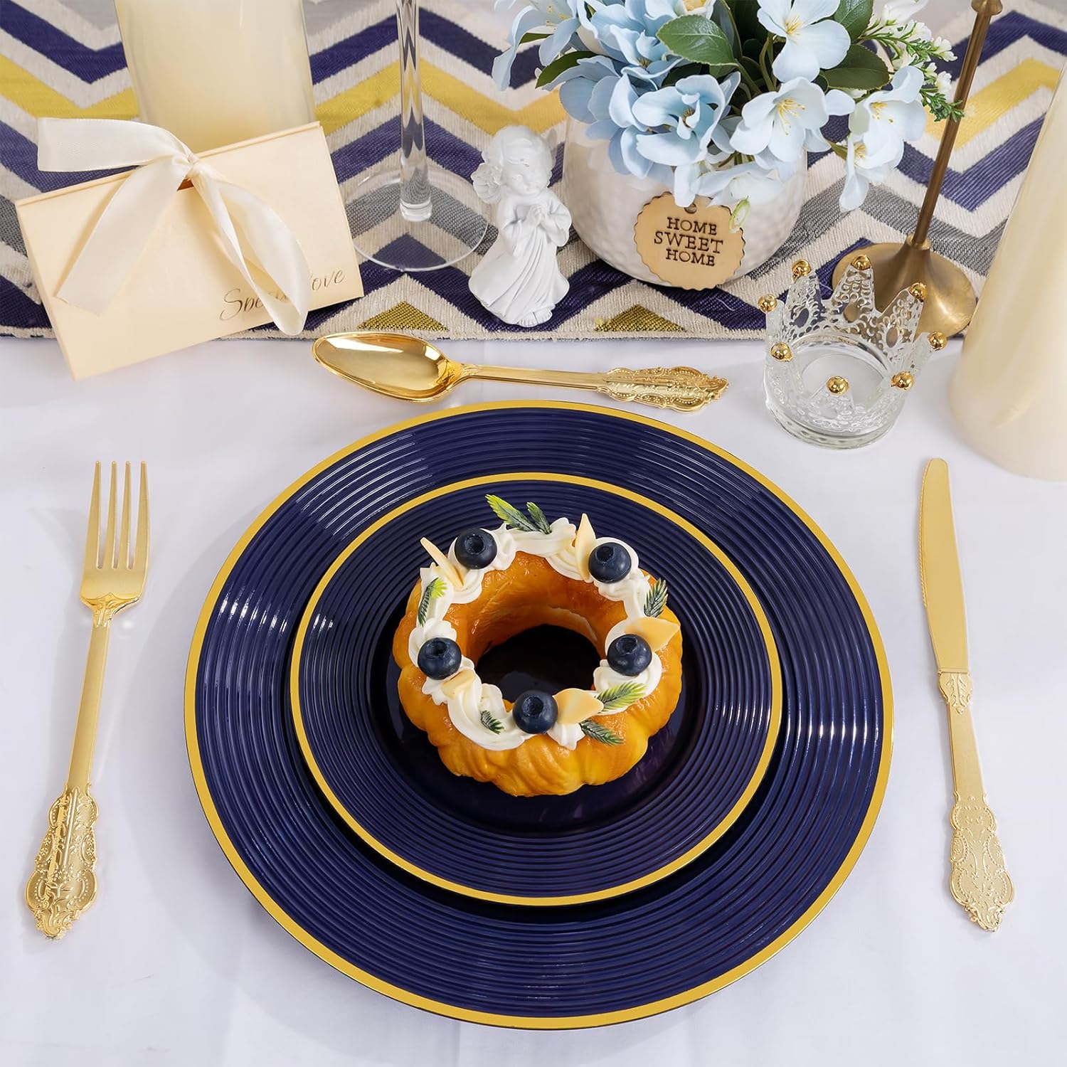 Liacere 100PCS Blue Plastic Plates - Heavy Duty Disposable Plates- Blue and Gold Plate 100PCS Dinner/Dessert Plate for Party & Graduation & Memorial Day