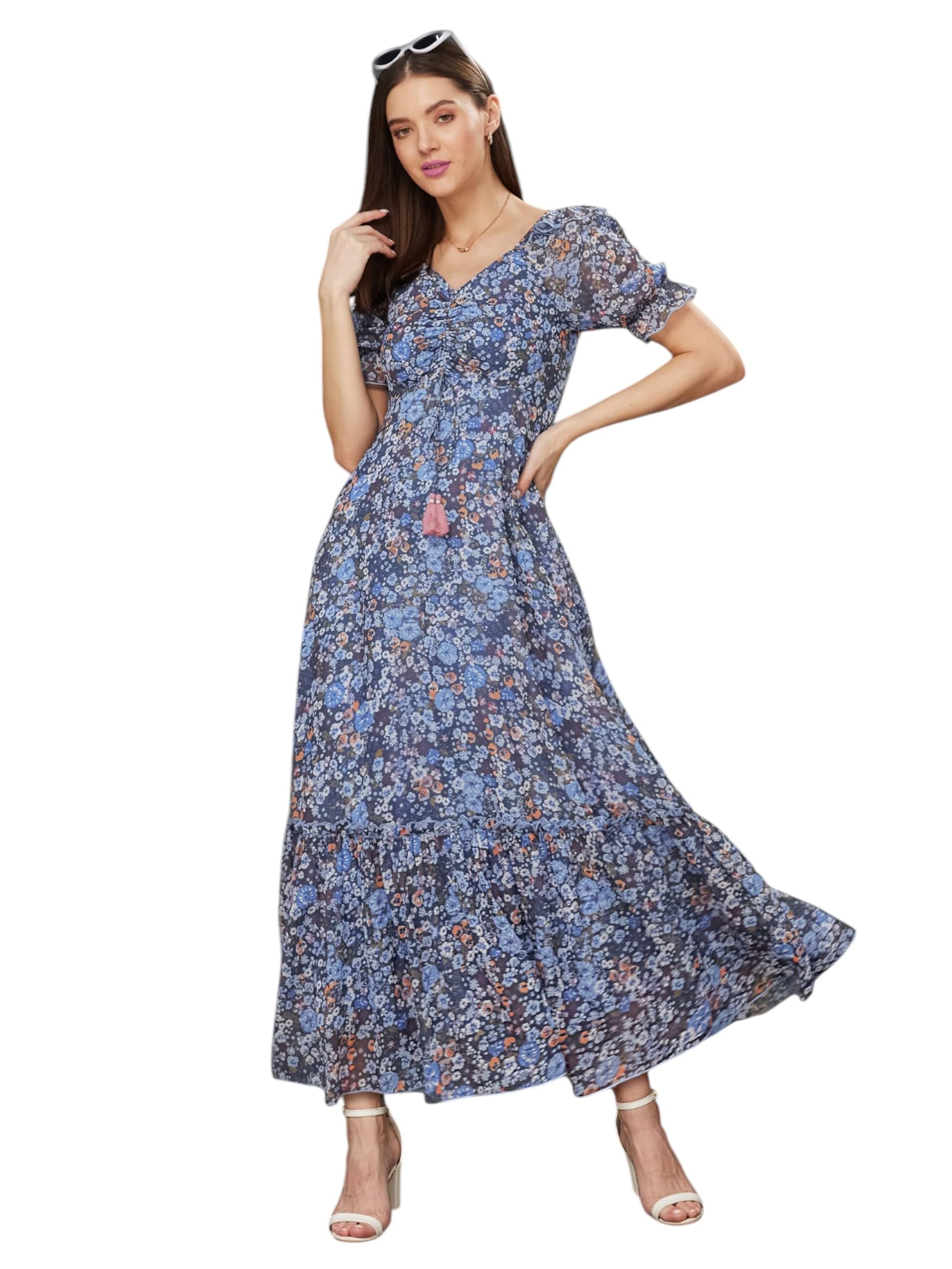 Miss Chase Women's Sweetheart Neck Puffed Sleeve Floral Maxi Dress With Pockets (Plus Size) (Mcaw21D06-35-178-09, Multicolored-Base-Navy Blue, 4Xl)