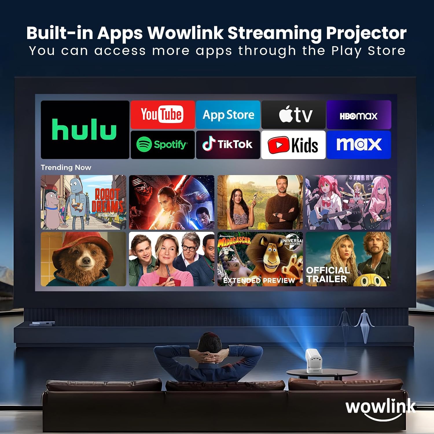 Screenshot of the wowlink W206 Projector's interface showing built-in apps like Hulu, YouTube, App Store, HBO Max, and various streaming content.