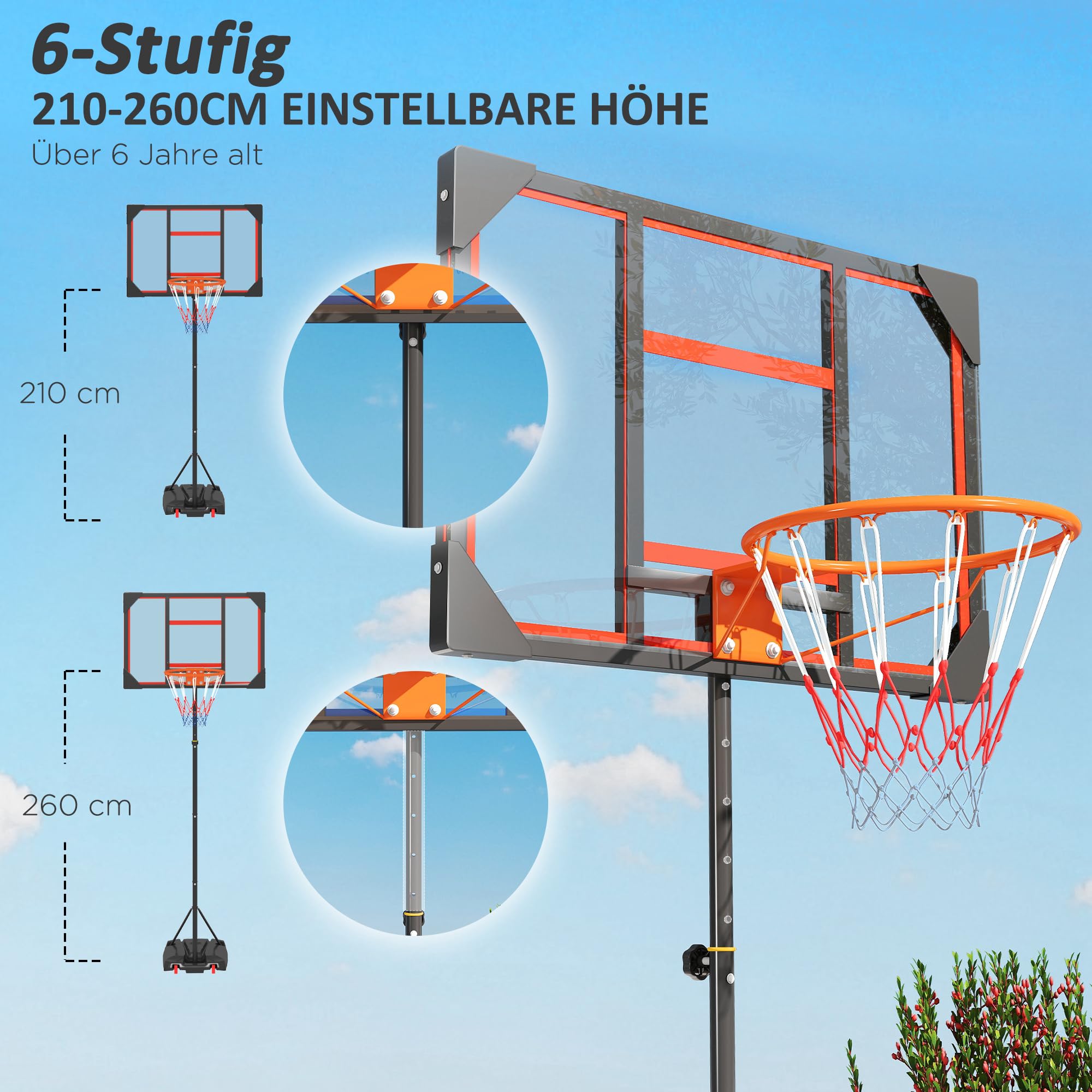 AIYAPLAY canasta de baloncesto al aire libre para niños, 210-260 cm soporte de baloncesto ajustable en altura con ruedas, sistema de baloncesto con soporte para niños a partir de 6 años, rojo
