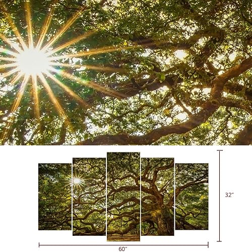 Miniatura 5 de WELMECO Lienzo grande para pared, diseño de roble de ángel antiguo, 5 piezas de arte de paisaje para decoración de sala de estar, lienzo moderno