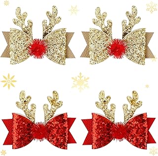 2 Pairs Christmas Hair Clip - Christmas Reindeer Antlers Headdress, Cute Bow Ties Antlers Ears Hair Pins, Christmas Party Hair Accessories for Girls Women (Gold & Red)