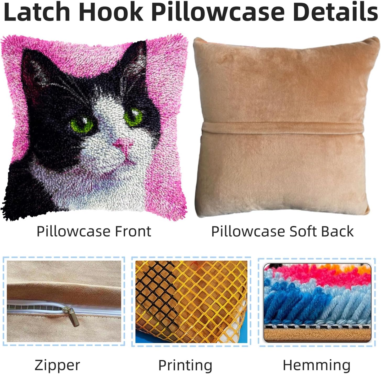 DIY Latch Hook Pillow Kits Black and White Cat with Green Eyes Printed Pillowcase Crochet Yarns Hooking Handmade Pillow Cover Cushion for Home Sofa Decoration 17x17inch-1
