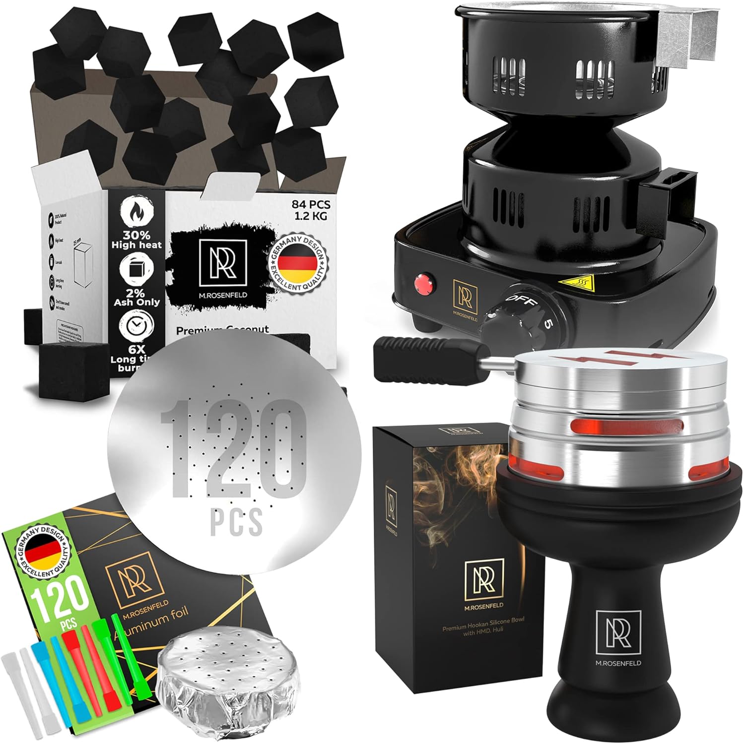 Black Hookah Bowl Set Silicone & Hookah Coal Burner for