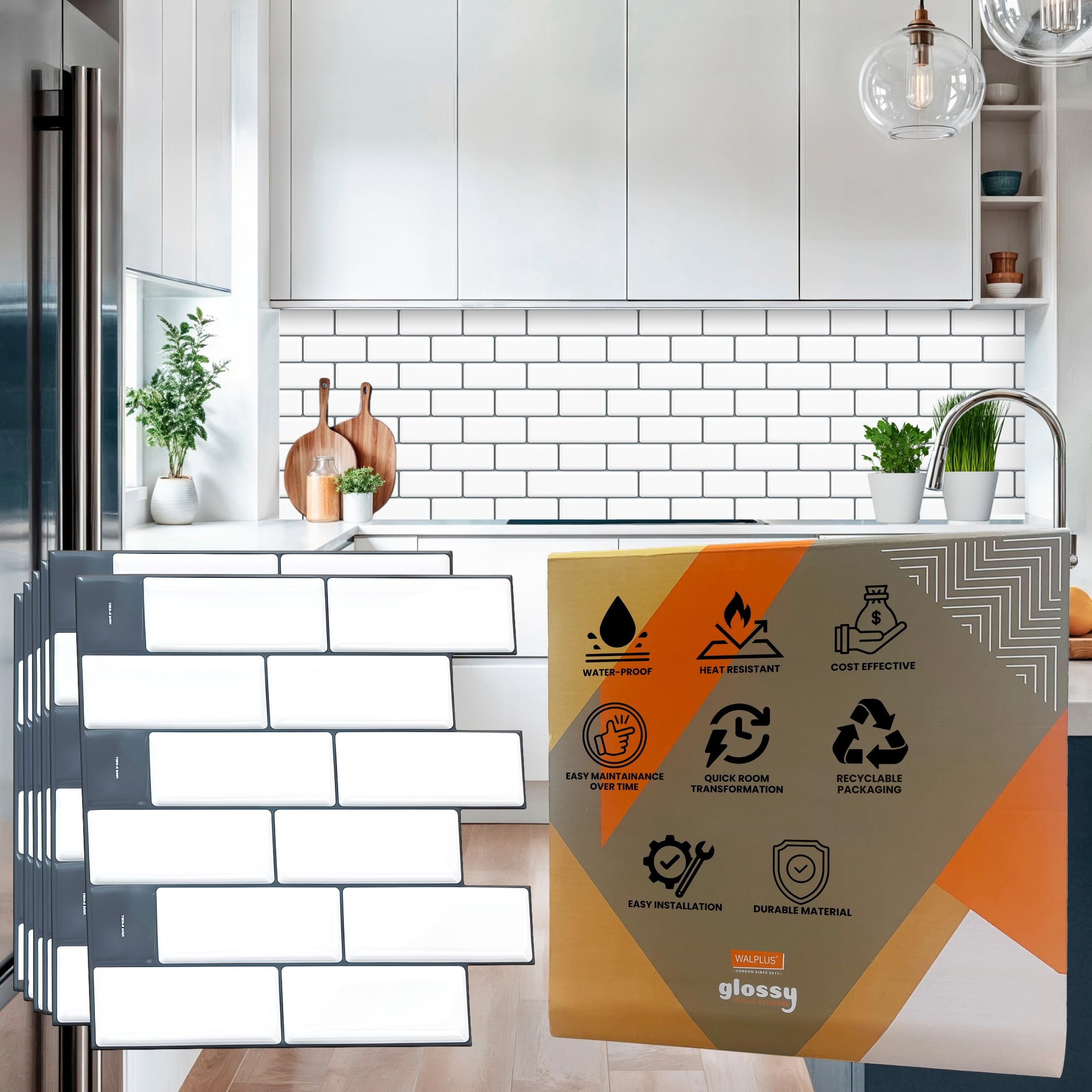 WALPLUS 3D White Tile Stickers Bathroom Self Adhesive 30.5 x 30.5 cm(12") Peel and Stick Removable Stick on Tiles Glossy Sticky Tiles 6-Sheets